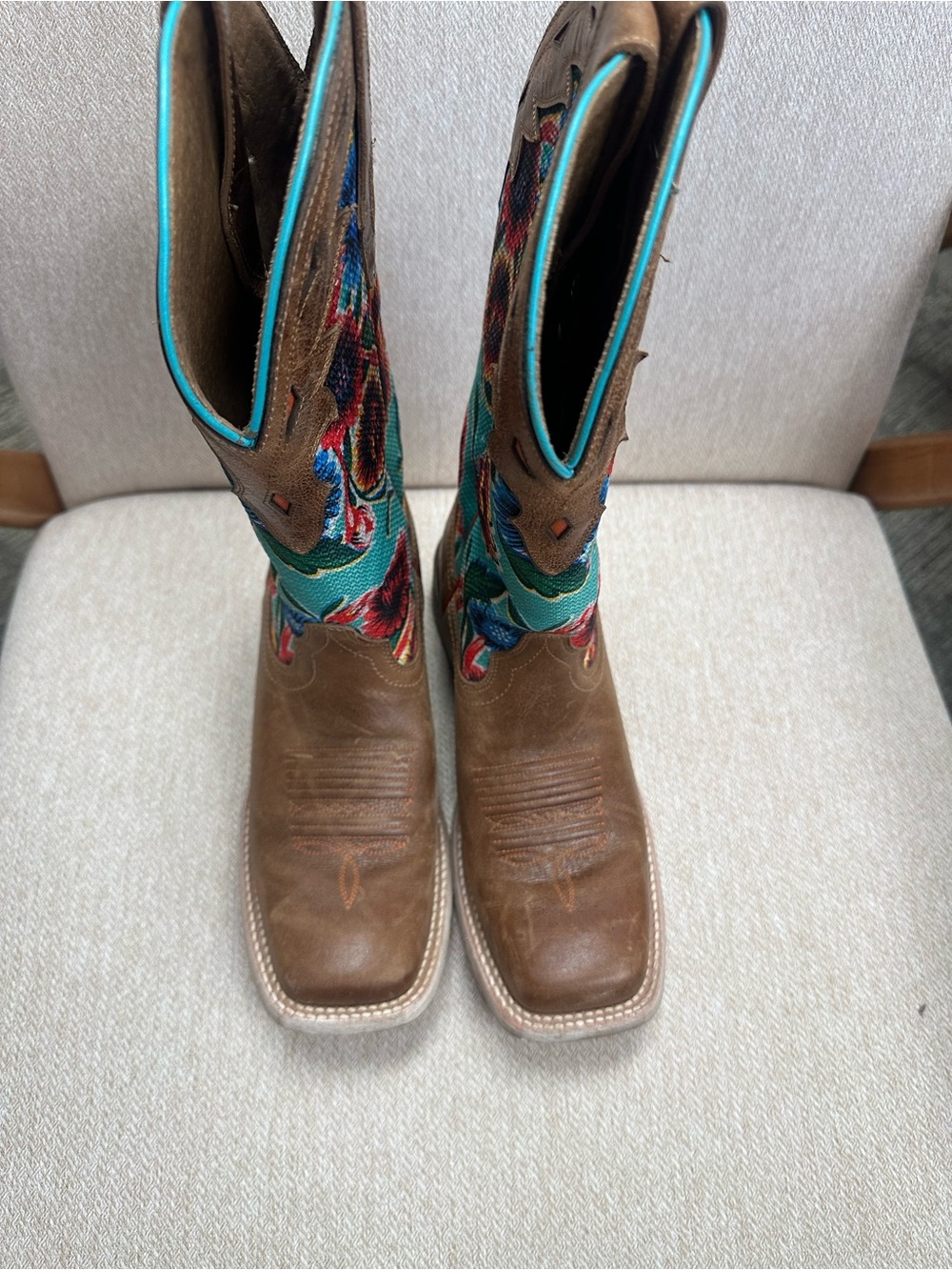 Ariat Brown Leather Cowboy Boots with Teal Insole - Picture 5 of 9